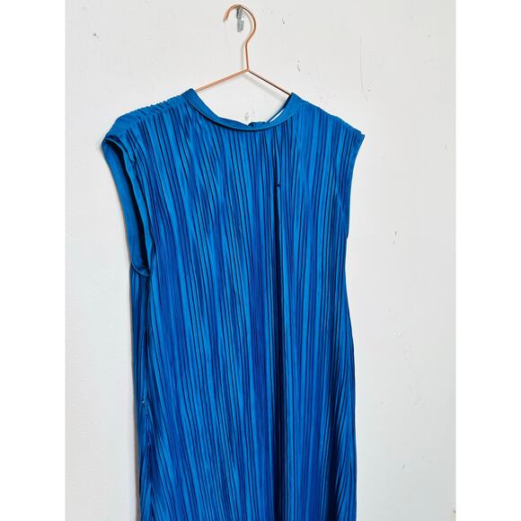 ATLEIN X RTR Navy Blue Plisse Tie Neck Sleeveless Side Slit Midi Dress Size M - Picture 4 of 16